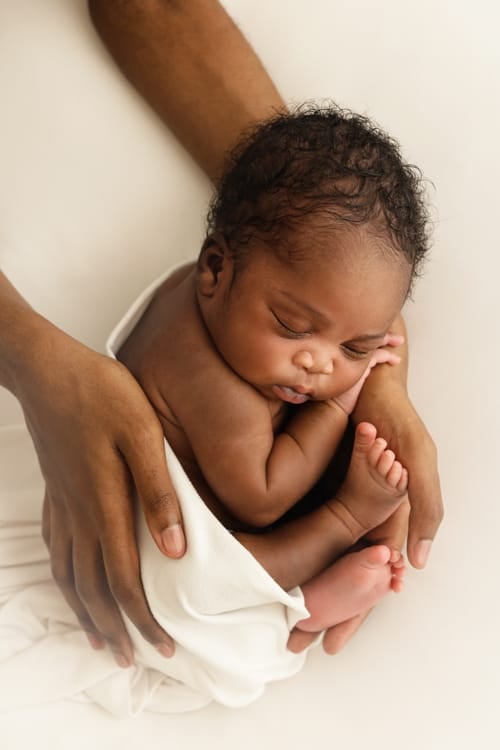 Newborn with dark hair, curled up and held in a parent's hands