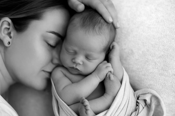 A mother cheek to cheek with her swaddled newborn against a bright white background