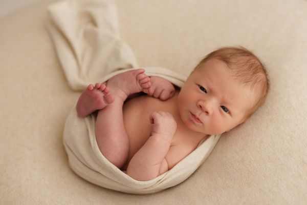A newborn awake in a cream wrap on a cream backdrop, looking towards the camera