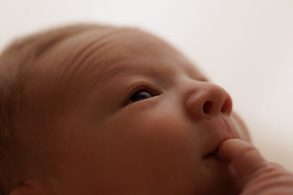 Very close view of an awake newborn's face beside a parent's finger