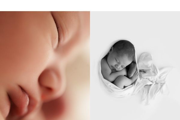 Macro delle labbra di un neonato accanto a un neonato avvolto in una fascia