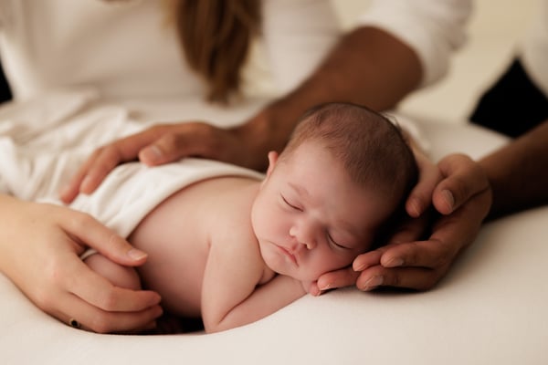 Both parents' hands gathered around their newborn asleep on a cream backdrop